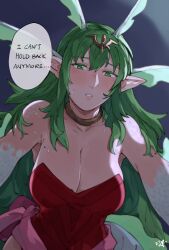Rule 34 | 1girl, alternate hairstyle, blush, breasts, cleavage, collarbone, commentary, dragon girl, dragon horns, dragon wings, dress, english commentary, english text, fire emblem, fire emblem awakening, green eyes, green hair, hair between eyes, hair ornament, highres, horns, large breasts, long hair, looking at viewer, mole, mole on breast, nintendo, pointy ears, pov, red dress, sakuremi, scales, signature, solo, strapless, strapless dress, sweat, tiki (adult) (fire emblem), tiki (fire emblem), very long hair, wings