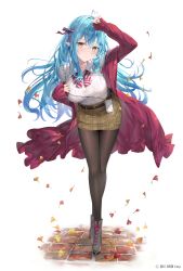 Rule 34 | 1girl, absurdres, ahoge, autumn leaves, belt, blue hair, blush, boots, bow, bowtie, breasts, brown belt, brown pantyhose, brown skirt, coat, collared shirt, crossed bangs, elf, full body, hair between eyes, hair ribbon, heart, heart ahoge, highres, hololive, large breasts, leaning forward, long hair, multicolored hair, nail polish, official art, open clothes, open coat, pantyhose, plaid, plaid skirt, pointy ears, red coat, red nails, ribbon, rin yuu, shirt, skirt, sleeves past wrists, solo, standing, streaked hair, striped bow, striped bowtie, striped clothes, very long hair, virtual youtuber, white shirt, yellow eyes, yukihana lamy