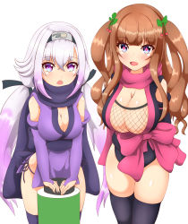Rule 34 | .live, 2girls, alternate costume, blue eyes, breasts, brown hair, carro pino, cleavage, commentary request, hair between eyes, hair ornament, highres, kakyouin chieri, large breasts, long hair, looking at viewer, low twintails, medium breasts, multiple girls, ninja, purple eyes, purple hair, simple background, thighhighs, twintails, virtual youtuber, white background
