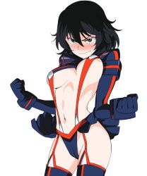 Rule 34 | 10s, 1girl, a1 (initial-g), andou (girls und panzer), black hair, black thighhighs, blush, bouncing breasts, breasts, cameltoe, cosplay, cowboy shot, elbow gloves, embarrassed, female pubic hair, frown, girls und panzer, gloves, kill la kill, looking at viewer, matoi ryuuko, matoi ryuuko (cosplay), medium breasts, midriff, navel, pubic hair, pubic hair peek, revealing clothes, short hair, simple background, skirt, solo, standing, suspenders, thighhighs, v-shaped eyebrows, wavy mouth, white background