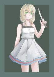 Rule 34 | 1girl, aqua background, blonde hair, border, braid, dress, featherwings24, green eyes, head tilt, holding, holding knife, knife, looking at viewer, low twintails, majo no ie, outside border, parted lips, short twintails, simple background, sleeveless, sleeveless dress, solo, twin braids, twintails, viola (majo no ie), white dress