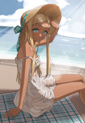 Rule 34 | 1girl, 24riside, absurdres, aqua eyes, aqua ribbon, arm at side, arm up, bare arms, bare shoulders, beach, beach towel, blonde hair, closed mouth, cloud, cloudy sky, dark-skinned female, dark skin, day, dress, expressionless, feet out of frame, forehead, frilled dress, frills, from side, hat, hat ribbon, highres, idolmaster, idolmaster cinderella girls, knees up, layla (idolmaster), legs together, light rays, long hair, looking at viewer, looking to the side, ocean, outdoors, parted bangs, plaid, plaid ribbon, ribbon, sidelocks, sitting, sky, solo, sparkle, straight hair, strap slip, straw hat, sun hat, sundress, sunlight, sweat, towel, wet, wet clothes, wet dress, white dress