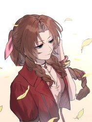 Rule 34 | 1girl, adjusting hair, aerith gainsborough, ah yoshimizu, bracelet, brown hair, commentary request, cropped jacket, dress, falling petals, final fantasy, final fantasy vii, final fantasy vii remake, gradient background, green eyes, hair ribbon, tucking hair, half-closed eyes, highres, jacket, jewelry, long hair, looking to the side, necklace, open clothes, open jacket, parted bangs, petals, pink dress, pink ribbon, ponytail, red jacket, ribbon, short sleeves, solo, upper body, wavy hair, yellow background