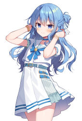 Rule 34 | 1girl, bangle, belt, belt buckle, blue belt, blue bow, blue eyes, blue hair, blush, bow, bracelet, buckle, closed mouth, commentary, hair between eyes, hair bun, hands up, hololive, hoshimachi suisei, hoshimachi suisei (school uniform), jewelry, long hair, looking at viewer, mauve, pleated skirt, puffy short sleeves, puffy sleeves, sailor collar, shirt, short sleeves, simple background, skirt, smile, solo, star bracelet, symbol-only commentary, very long hair, virtual youtuber, white background, white sailor collar, white shirt, white skirt