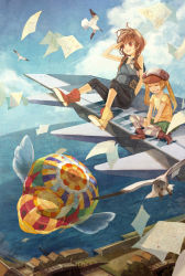 Rule 34 | 2girls, aircraft, airplane, bad id, bad pixiv id, balloon, bird, blonde hair, boots, braid, brown eyes, brown hair, day, closed eyes, flying, flying paper, loc6, multiple girls, ocean, open mouth, original, paper, scenery, seagull, sitting, sky, smile, twin braids, twintails