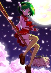 Rule 34 | 1girl, android, ass, blush, broom, broom riding, flying, green eyes, green hair, loafers, looking at viewer, matching hair/eyes, moon, multi (to heart), robot ears, school uniform, serafuku, shirono, shoes, short hair, sidesaddle, skirt, solo, thighhighs, to heart, to heart (series), yellow thighhighs