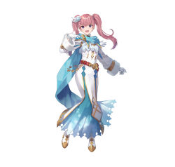 Rule 34 | 1girl, absurdres, alternate costume, belt, blush, commentary request, detached sleeves, dress, eihi, feather trim, fire emblem, fire emblem: the blazing blade, fire emblem heroes, full body, fur trim, gloves, gold trim, gradient clothes, hair ornament, hand up, highres, long dress, long hair, long sleeves, looking at viewer, nintendo, official art, open mouth, pink hair, purple eyes, scarf, serra (fire emblem), simple background, smile, solo, twintails, white background, white gloves