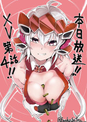 Rule 34 | 1girl, ahoge, bare shoulders, between breasts, blush, breasts, bullet, cleavage, cleavage cutout, clothing cutout, commentary, from above, funkysatou, gloves, grin, hair between eyes, headgear, highres, large breasts, long hair, looking at viewer, low twintails, pink background, purple eyes, senki zesshou symphogear, smile, solo, translation request, twintails, twitter username, very long hair, white gloves, white hair, yukine chris
