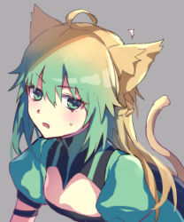 Rule 34 | 1girl, ahoge, animal ears, atalanta (fate), braid, breasts, cat ears, cat tail, fate/apocrypha, fate (series), food, french braid, gradient hair, green eyes, green hair, hair between eyes, long hair, looking at viewer, multicolored hair, open mouth, puffy short sleeves, puffy sleeves, short sleeves, small breasts, solo, tail, two-tone hair, vivi (eve no hakoniwa)