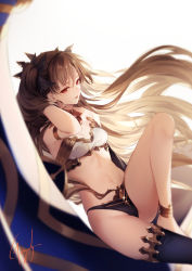 Rule 34 | 1girl, anklet, armlet, asymmetrical legwear, asymmetrical sleeves, bare shoulders, bikini, black bikini, black bow, bow, breasts, brown hair, cleavage, detached collar, detached sleeves, earrings, fate/grand order, fate (series), genyaky, hair bow, hand in own hair, heavenly boat maanna, highres, hoop earrings, ishtar (fate), jewelry, long hair, looking at viewer, medium breasts, mismatched bikini, navel, neck ring, parted bangs, parted lips, red eyes, simple background, single detached sleeve, single thighhigh, sitting, solo, swimsuit, thighhighs, thighlet, tiara, two side up, uneven legwear, uneven sleeves, weapon, white background, white bikini