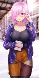 Rule 34 | 1girl, :d, absurdres, alternate costume, black-framed eyewear, black pantyhose, blurry, blurry background, blush, book, breasts, camisole, casual, collarbone, cowboy shot, day, depth of field, fate/grand order, fate (series), glasses, hair over one eye, hand up, heart, heart-shaped pupils, highres, holding, holding book, hua-j, jacket, large breasts, long sleeves, looking at viewer, mash kyrielight, multicolored clothes, multicolored skirt, open clothes, open jacket, open mouth, outdoors, pantyhose, pink hair, purple eyes, purple jacket, short hair, skirt, smile, solo, symbol-shaped pupils, unbuttoned