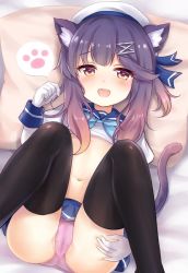 Rule 34 | 1girl, animal ear fluff, animal ears, beret, black thighhighs, blue neckwear, blue skirt, blush, cameltoe, cat ears, cat tail, convenient censoring, gloves, gradient hair, hair ornament, hairclip, hat, heart, heart-shaped pupils, kantai collection, lying, multicolored hair, navel, nikoo, on back, open mouth, panties, paw pose, pillow, pink panties, purple hair, sailor collar, sailor hat, school uniform, serafuku, sidelocks, skirt, solo, speech bubble, spoken paw, symbol-shaped pupils, tail, thighhighs, tsushima (kancolle), underwear, white gloves, white hat