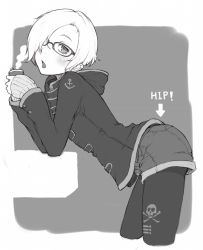 Rule 34 | 10s, 1girl, arrow (symbol), bent over, bespectacled, can, canned coffee, cropped legs, denim, denim shorts, drink can, earrings, english text, glasses, greyscale, hair over one eye, hood, hooded jacket, idolmaster, idolmaster cinderella girls, ina (gokihoihoi), jacket, jewelry, monochrome, open mouth, pantyhose, pantyhose under shorts, shirasaka koume, short hair, shorts, skull and crossbones, sleeves past wrists, solo