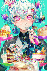 Rule 34 | + +, 1girl, :t, absurdres, apple hair ornament, aqua hair, blue background, blue hair, blush, cake, cake slice, closed mouth, crossed bangs, dessert, eating, eyelashes, food, food-themed hair ornament, food on face, fruit, hair ornament, hairclip, highres, jewelry, knife, lemon, lemon slice, looking at viewer, mole, mura karuki, necktie, original, pastry, pink eyes, ring, solo, strawberry, tsurime, v-shaped eyebrows