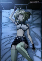 Rule 34 | 10s, 1girl, absurdres, ahoge, angelise ikaruga misurugi, antenna hair, arm up, bare shoulders, bed, belt, crop top, cross ange, dark, fingerless gloves, from above, gloves, green thighhighs, halterneck, highres, indoors, jewelry, looking at viewer, lying, megami magazine, midriff, miniskirt, narrow waist, navel, non-web source, official art, on back, parted lips, pillow, purple eyes, ring, sano takayuki, scan, short hair, silver hair, skirt, solo, sunrise (company), suspenders, thighhighs, turtleneck, zettai ryouiki