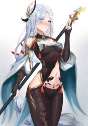 Rule 34 | 1girl, :|, arm at side, between fingers, black legwear, blue eyes, blue hair, blue nails, body markings, bodysuit, braid, breasts, bright pupils, chinese commentary, chinese knot, closed mouth, clothing cutout, commentary request, covered navel, detached sleeves, expressionless, eyelashes, eyes visible through hair, genshin impact, gloves, gold trim, gradient background, green sleeves, grey background, hair ornament, hair over one eye, highres, hip vent, holding, holding polearm, holding weapon, large breasts, lips, long hair, long sleeves, looking at viewer, low-braided long hair, low-tied long hair, nail polish, navel, ofuda, ofuda between fingers, open mouth, partially fingerless gloves, polearm, pubic tattoo, red rope, rope, shenhe (genshin impact), side cutout, simple background, single braid, solo, sparkle, standing, tattoo, thighs, underboob, very long hair, vision (genshin impact), weapon, white pupils, wide sleeves, zim-o (2cy520)