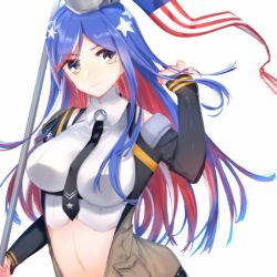 Rule 34 | 1girl, american flag, black necktie, blue hair, breasts, flag, folte, headgear, kantai collection, large breasts, long hair, long sleeves, midriff, multicolored hair, navel, necktie, pocket, red hair, simple background, smile, solo, south dakota (kancolle), star (symbol), upper body, vest, white background, white hair