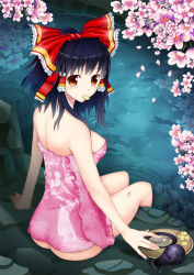 Rule 34 | 1girl, alcohol, ass, bad id, bad pixiv id, black hair, bottle, bow, breasts, brown eyes, cherry blossoms, cookie, cup, female focus, floral print, food, food in mouth, hair bow, hair tubes, hakurei reimu, kofboy, looking back, medium breasts, naked towel, onsen, petals, pink towel, reflection, sake, sake bottle, sitting, solo, spilling, touhou, towel, tray