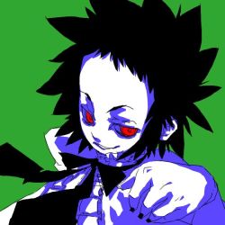 Rule 34 | 00s, 1girl, black bow, black bowtie, black hair, bow, bowtie, colored skin, d.gray-man, evil grin, evil smile, green background, grin, looking at viewer, parted lips, red eyes, road kamelot, simple background, smile, solo, spiked hair, teeth, white skin