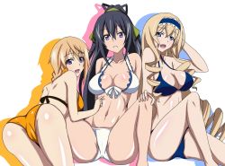 Rule 34 | 10s, 3girls, all fours, ass, bikini, black hair, blonde hair, breasts, cameltoe, cecilia alcott, charlotte dunois, frilled bikini, frills, front-tie top, infinite stratos, jumon, kotokoto (jumon), large breasts, long hair, long legs, looking at viewer, looking back, multiple girls, open mouth, ponytail, purple eyes, shinonono houki, shiny skin, sitting, spread legs, swimsuit, twintails