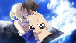 Rule 34 | 2girls, alternate hairstyle, amazuki jou, andou (girls und panzer), bare shoulders, black hair, blonde hair, blue eyes, blue sky, blush, breasts, brown eyes, butt crack, checkered clothes, checkered swimsuit, cloud, cloudy sky, collarbone, dark-skinned female, dark skin, day, face-to-face, frilled swimsuit, frills, girls und panzer, grabbing, grabbing another&#039;s breast, hand on another&#039;s shoulder, highres, jacket, long sleeves, medium breasts, medium hair, messy hair, multiple girls, navel, open mouth, oshida (girls und panzer), ponytail, rock, shoulder blades, sky, swimsuit, water, water drop, yuri