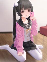 Rule 34 | 1girl, :p, black hair, black sailor collar, black skirt, blurry, blurry background, brown eyes, cardigan, cellphone, closed mouth, depth of field, highres, holding, holding phone, long hair, looking at viewer, neck ribbon, no shoes, open cardigan, open clothes, original, pantyhose, phone, pink cardigan, pleated skirt, ribbon, sailor collar, school uniform, serafuku, shirt, skirt, sleeves past wrists, smile, solo, tongue, tongue out, twintails, uneven eyes, very long hair, white pantyhose, white ph, white shirt, wooden floor, yellow ribbon