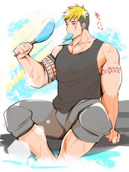 Rule 34 | 1boy, alternate costume, arm tattoo, bara, bare shoulders, black tank top, blonde hair, bulge, casual, crow (siranui), fanning face, feet out of frame, food, grey pants, highres, ice cream, large pectorals, male focus, multicolored hair, muscular, muscular male, pants, pants rolled up, pectoral cleavage, pectorals, red eyes, scar, scar across eye, scar on arm, scar on face, short hair, sideburns, sidepec, sitting, solo, tank top, tattoo, onogami tetsuya, tokyo houkago summoners, two-tone hair, water