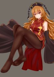 Rule 34 | 1girl, absurdres, adapted costume, ass, bare shoulders, blonde hair, blush, breasts, brown pantyhose, china dress, chinese clothes, commentary request, detached sleeves, dress, feet, full body, grey background, hair between eyes, headdress, highres, invisible chair, junko (touhou), knees up, large breasts, long hair, long sleeves, looking at viewer, no shoes, pantyhose, red dress, red eyes, revision, ribbon-trimmed sleeves, ribbon trim, short dress, simple background, sitting, sleeves past fingers, sleeves past wrists, smile, solo, tassel, thighs, touhou, very long hair, wide sleeves, wing collar, wuwusan