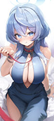 Rule 34 | 1girl, absurdres, ako (blue archive), ako (dress) (blue archive), animal collar, bare shoulders, black hairband, blue archive, blue dress, blue eyes, blue hair, blue halo, blush, breasts, cleavage, closed mouth, collar, cowboy shot, cuffs, cup, dress, earrings, fork, hair between eyes, hairband, halo, handcuffs, highres, hutosutoro, jewelry, large breasts, long hair, looking at viewer, navel, official alternate costume, plate, sitting, sleeveless, sleeveless dress, solo, sweat, white background