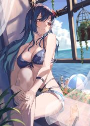 Rule 34 | 3girls, absurdres, arknights, bikini, birdcage, blue bikini, blue hair, blue shorts, blue sky, bottle, breasts, cage, ch&#039;en (arknights), ch&#039;en the holungday (arknights), ch&#039;en the holungday (elite ii) (arknights), cleavage, cloud, collarbone, commentary, denim, denim shorts, dragon horns, feet out of frame, front-tie top, hair between eyes, highres, horns, hoshiguma (arknights), looking to the side, medium breasts, multiple girls, official alternate costume, parted lips, plant, potted plant, red eyes, roco (rocoroco1115), short shorts, shorts, sitting, sky, solo focus, spaghetti strap, swimsuit, swire (arknights), umbrella, water, wind, window