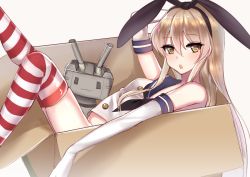 Rule 34 | 10s, 1girl, bad id, bad pixiv id, blonde hair, box, brown eyes, cardboard box, elbow gloves, gloves, hairband, in box, in container, kantai collection, long hair, looking at viewer, meaomao, open mouth, rensouhou-chan, shimakaze (kancolle), striped clothes, striped thighhighs, thighhighs