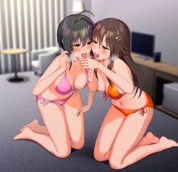 2girls absurdres ahoge bare_shoulders barefoot bikini black_hair blush breasts brown_eyes brown_hair cleavage green_eyes hair_ornament hairclip highres himekawa_yuki idolmaster idolmaster_cinderella_girls kneeling kohinata_miho large_breasts long_hair multiple_girls natsuya_(natuya777) open_mouth orange_bikini pink_bikini short_hair swimsuit tongue tongue_out