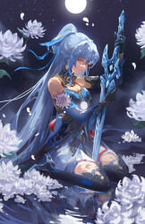 Rule 34 | 1girl, absurdres, bare shoulders, black gloves, blue dress, blue sleeves, breasts, chinese clothes, commentary, crystal sword, detached sleeves, dress, english commentary, epiphyllum, flower, from side, full moon, gloves, hair between eyes, high-low skirt, high ponytail, highres, holding, holding sword, holding weapon, honkai: star rail, honkai (series), jessica wijaya, jingliu (honkai: star rail), long hair, looking at viewer, medium breasts, moon, night, night sky, parted lips, red eyes, reflection, reflective water, sitting, sky, solo, star (sky), starry sky, sword, wariza, weapon, white flower, white hair