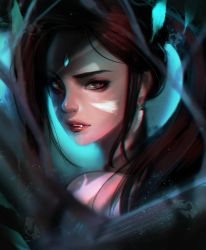 Rule 34 | 1girl, bare shoulders, brown hair, chromatic aberration, ear piercing, eyebrows, eyelashes, eyeshadow, facial mark, fang, fang out, from behind, green eyes, jewelry, kyung han kim, league of legends, lips, long hair, looking at viewer, looking back, makeup, nidalee, nose, piercing, ponytail, portrait, ringed eyes, solo, tribal