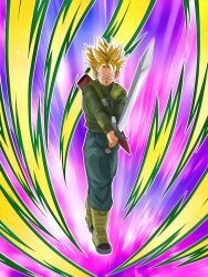 1boy blonde_hair dokkan_battle dragon_ball dragon_ball_super green_eyes looking_at_viewer official_art serious solo super_saiyan sword tagme trunks_(dragon_ball) trunks_(future)_(dragon_ball) weapon