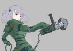 Rule 34 | 1girl, android, cable, highres, holding, power tool, red eyes, silver hair, simple background, solo, sukabu, twintails