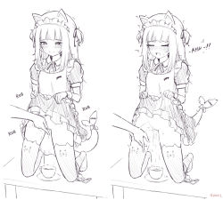 Rule 34 | 1girl, 4zazil, alternate costume, animal costume, animal ears, apron, bite mark, blunt bangs, blush, bow, bowtie, buttons, cat ears, cleft of venus, clitoral stimulation, collared dress, collecting pussy juice, cup, dress, enmaided, female ejaculation, female orgasm, fingering, fins, fish, fish bone, fish skeleton, fish tail, flat chest, frilled apron, frilled dress, frills, full body, gawr gura, highres, hololive, hololive english, holomyth, kneeling, lineart, maid, maid apron, maid headdress, monochrome, motion lines, multicolored hair, on table, open mouth, orgasm, panties, panties around leg, plate, puffy sleeves, pussy, pussy juice, pussy juice collection, pussy juice in container, ribbon, scar, shark costume, shark girl, shark tail, sharp teeth, short hair, short sleeves, side ponytail, sidelocks, simple background, sketch, skirt, solo, sound effects, spread legs, squirting liquid, streaked hair, table, tail, tea, teacup, teeth, thighhighs, trembling, two side up, underwear, virtual youtuber, waist apron, white apron, white background, white hair, white thighhighs