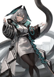 Rule 34 | 1girl, absurdres, aqua eyes, arknights, belt, black belt, black pantyhose, blush, coat, commentary, dress, feet out of frame, fingerless gloves, gloves, grey coat, grey hair, grin, head tilt, head wings, hhsan, highres, ho&#039;olheyak (arknights), looking at viewer, open clothes, open coat, pantyhose, pencil dress, short hair, simple background, smile, snake tail, solo, standing, tail, white background, white dress, white gloves, wings