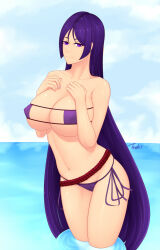 Rule 34 | 1girl, bikini, fate/grand order, fate (series), hands on own chest, highres, looking at viewer, minamoto no raikou (fate), outdoors, smile, solo, swimsuit, tsuki riven, water