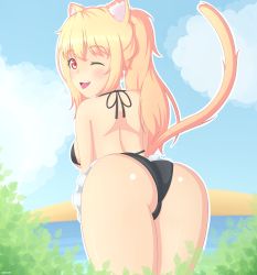 Rule 34 | 1girl, absurdres, animal ears, ass, bare shoulders, bikini, blonde hair, blush, borrowed character, breasts, cameltoe, cat ears, cat tail, come hither, cowboy shot, day, female focus, from behind, highres, long hair, looking at viewer, looking back, nature, naughty face, nottytiffy, one eye closed, orange eyes, outdoors, ponytail, shiny skin, sideboob, smile, solo, swimsuit, tail, thighs, tiffy (nottytiffy), tongue, tongue out, wink