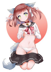 Rule 34 | 1girl, absurdres, animal ears, azur lane, belly, blush, brown hair, clothes lift, collar, collarbone, commentary request, dog ears, dog tail, green eyes, groin, hair ribbon, highres, kneeling, lifting own clothes, looking at viewer, navel, panties, ribbon, shiratsuyu (azur lane), simple background, skirt, skirt lift, solo, tail, underwear, white panties