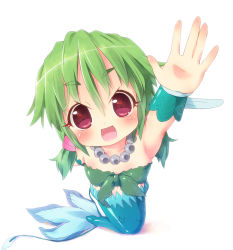 Rule 34 | 1girl, :d, alternate hairstyle, bad id, bad pixiv id, blush, collarbone, gem, green hair, jewelry, long hair, low twintails, mermaid, monster girl, muromi-san, namiuchigiwa no muromi-san, necklace, open mouth, pearl (gemstone), pu-en, red eyes, short twintails, smile, solo, twintails, white background