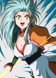 Rule 34 | 1990s (style), 1girl, :d, blue hair, breasts, cleavage, commentary request, earrings, jewelry, long hair, looking at viewer, mamiya myanmar, medium breasts, open mouth, pointy ears, retro artstyle, ryouko (tenchi muyou!), smile, solo, spiked hair, tenchi muyou!, waist sash, yellow eyes