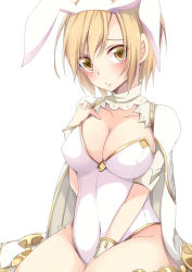 Rule 34 | 10s, 1girl, animal ears, between legs, blonde hair, bloodcatblack, blush, breasts, cape, cleavage, collarbone, covered erect nipples, djeeta (granblue fantasy), fake animal ears, granblue fantasy, hairband, hand between legs, hand on own chest, highres, large breasts, leotard, lips, looking at viewer, playboy bunny, rabbit ears, sage (granblue fantasy), short hair, sitting, sketch, solo, thighs, white leotard, yellow eyes