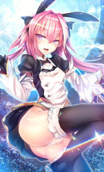 Rule 34 | 1boy, ass, astolfo (fate), astolfo (saber) (fate), astolfo (saber) (third ascension) (fate), black bow, black gloves, black ribbon, black thighhighs, blush, bow, bowtie, cameltoe, commentary request, dress, fate/grand order, fate (series), frills, gloves, hair between eyes, hair bow, hair intakes, hair ornament, hair ribbon, highres, long hair, long sleeves, looking at viewer, male focus, moon, multicolored hair, open mouth, panties, pantyshot, pink hair, purple eyes, ribbon, silly (marinkomoe), solo, streaked hair, teeth, thighhighs, trap, twintails, underwear, upper teeth only, white hair, white panties
