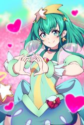 Rule 34 | 1girl, blue eyes, blush, bubble skirt, choker, closed mouth, collarbone, cure milky, disco brando, earrings, green hair, hagoromo lala, heart, heart hands, highres, jewelry, looking at viewer, magical girl, precure, short hair, skirt, smile, solo, star-shaped pupils, star (symbol), star earrings, star twinkle precure, symbol-shaped pupils