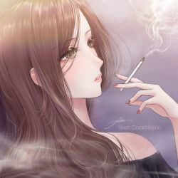 Rule 34 | 1girl, bare shoulders, brown eyes, brown hair, check commentary, cigarette, commentary request, filha, highres, holding, holding cigarette, kimi no na wa., long hair, okudera miki, smoke, upper body