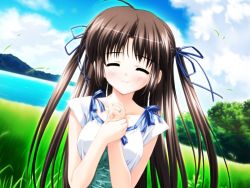 Rule 34 | 1girl, ahoge, black hair, blush, brown hair, closed eyes, game cg, grass, jewelry, kamipani!, katase megumi, lake, nature, outdoors, own hands clasped, own hands together, ring, shintarou, sky, solo, tree, twintails, wind
