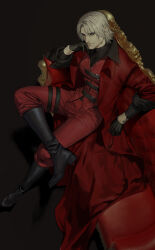 Rule 34 | 1boy, absurdres, black background, black footwear, black gloves, black shirt, blue eyes, boots, closed mouth, coat, couch, dante (devil may cry), devil may cry (series), devil may cry 1, gloves, head rest, highres, long sleeves, male focus, maozhu, pants, red coat, red pants, red vest, shirt, short hair, simple background, sleeves rolled up, smile, solo, vest, white hair