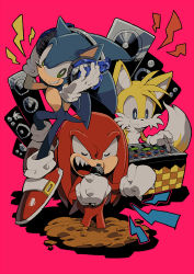 Rule 34 | aoki (fumomo), dj, furry, furry male, gloves, grin, headphones, knuckles the echidna, microphone, music, pink background, sega, shoes, simple background, singing, smile, sneakers, sonic (series), sonic the hedgehog, speaker, tails (sonic)